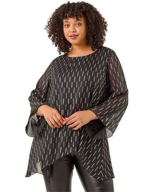 Roman Curve Chiffon Overlay Foil Top - Black