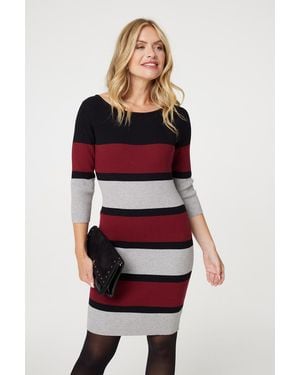 Izabel London Striped 3/4 Sleeve Knit Bodycon Short Dress - Red