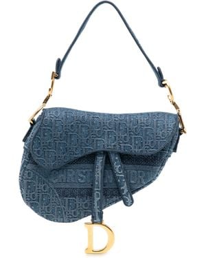 Dior Pre-Owned Oblique Embroidered Denim Saddle Bag - Blue