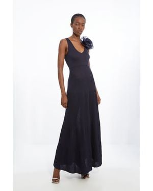Karen Millen Viscose Blend Knit Corsage Detail Maxi Dress - Blue