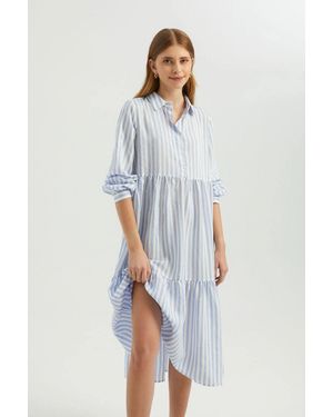 Hiccup Striped Tiered Long Sleeve Midi Shirt Dress With A Balloon Sleeves - Blue