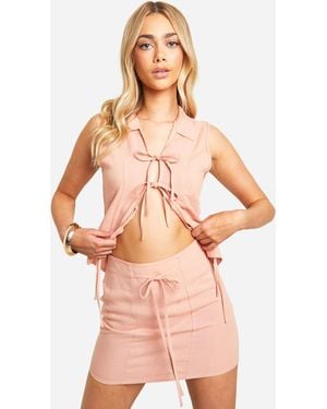 Boohoo Linen Look Tie Front Mini Skirt - Pink