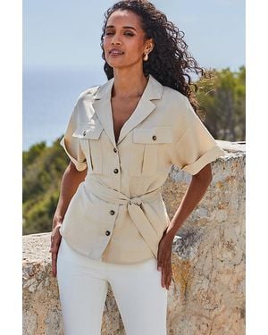 Sosandar Natural Linen Blend Pocket Detail Shirt With Belt