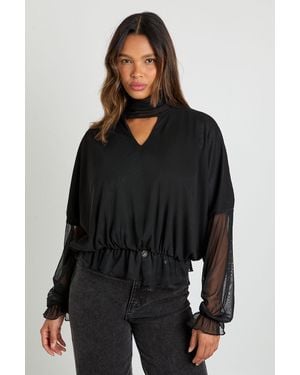 Boohoo V Neck Mesh Blouse With Scarf - Black