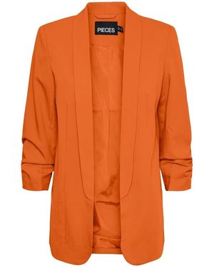 Pieces Solid Patterned Tie Waist Blazer - Orange