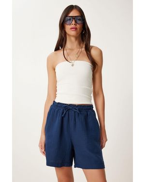 Happiness İstanbul High Waist Wide Leg Cotton Shorts - Blue