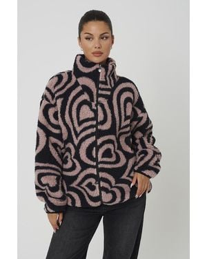 Brave Soul Sherpa Fleece Heart Print Sweatshirt - Black