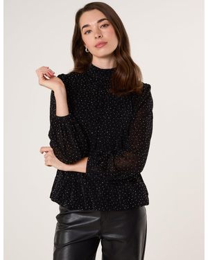Blue Vanilla Rhinestone Shoulder Pad Puffball Blouse - Black