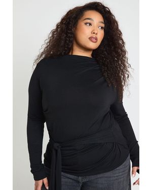 Boohoo Plus Long Sleeve Tie Waist Top - Black