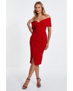 Quiz Bardot Ruched Wrap Midi Dress - Red