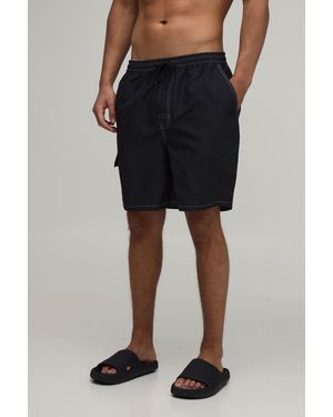 BoohooMAN Constrast Stitch Cargo Pocket Mid Length Swim Short - Black