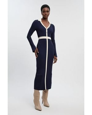 Karen Millen Knit Rib With Contrast Waist Detail Collared Midi Dress - Blue