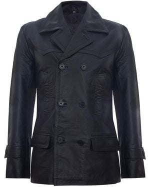 Infinity Leather Cow Hide Dr Who Naval German Pea Coat Jacket - Blue