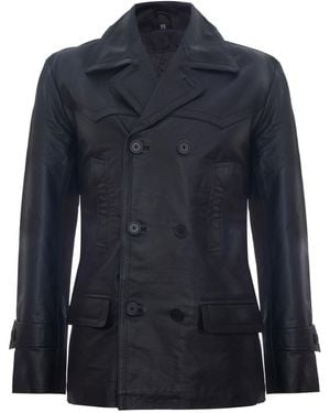 Infinity Leather Cow Hide Dr Who Naval German Pea Coat Jacket - Blue