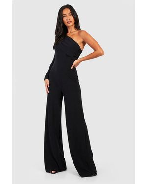 Boohoo Petite Premium Slinky Shoulder Pad One Sleeve Jumpsuit - Blue