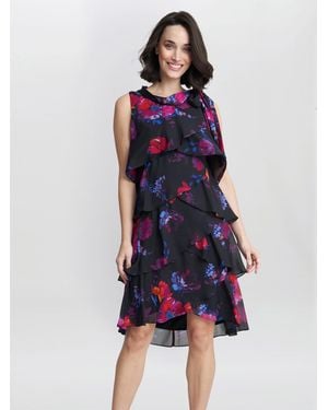 Gina Bacconi Neesha Sleeveless Printed Tiered Dress With Tie Neck - Blue