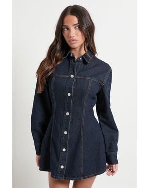 Boohoo Petite Long Sleeve Cinched Waist Denim Dress - Blue