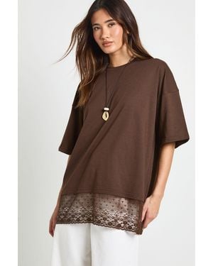 Boohoo Oversized T-Shirt With Lace Hem Trim - Brown