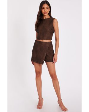 Quiz Studded Faux Leather Skort Cotton - Brown