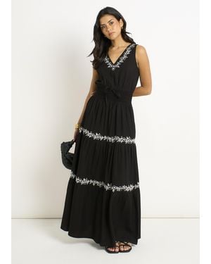 Gini London Floral Embroidery Tiered Maxi Dress - Black