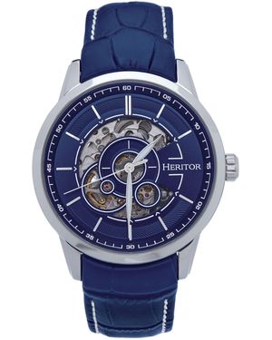 Heritor Davies Semi-Skeleton Leather-Band Watch - Blue