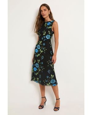 Wallis Floral Embroidered Mesh Fit & Flare Midi Dress - Blue