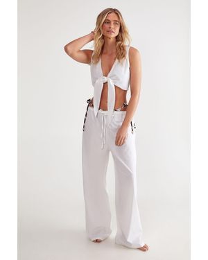 Nasty Gal Picot Trim Tie Front Top And Wide Leg Beach Trousers Set - White