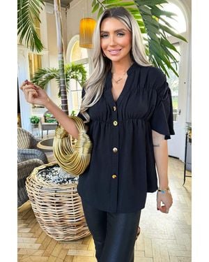 AX Paris Button Up Ruched Detail Smock V-Neck Top - Black