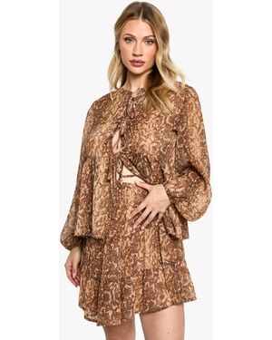 Boohoo Maternity Elasticated Waist Chiffon Snake Print Tiered Mini Skirt - Brown