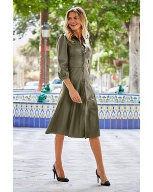 Sosandar Faux Leather Popper Front Shirt Dress - Green