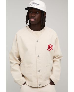 BoohooMAN Oversized Varsity Embroidered Denim Baseball Shirt - Natural