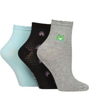 Elle 3 Pack Ladies Ribbed Anklet Socks With Frill Welt - Grey
