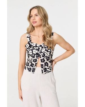 Izabel London Floral Sleeveless Split Front Crop Top - White
