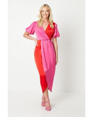 Debut London By Coast Satin Colour Block Puff Sleeve Dress - Pink