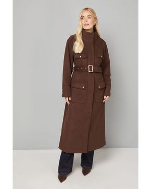 Wallis Button Down Military Belted Collar Coat - Brown