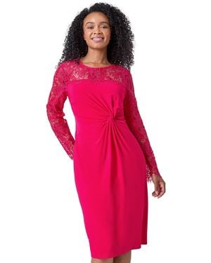 Roman Petite Lace Detail Knot Front Bodycon Dress - Pink