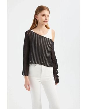 Hiccup Striped Mesh Long Sleeve Blouse - Black