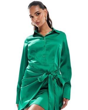 In The Style X Perrie Sian Exclusive Satin Wrap Tie Side Mini Shirt Dress - Green
