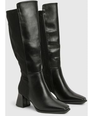Boohoo Wide Fit Stretch Knee High Flared Block Heeled Boots - Black
