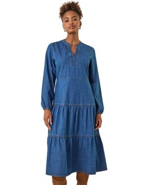 Roman Cotton Denim Tiered Midi Dress - Blue