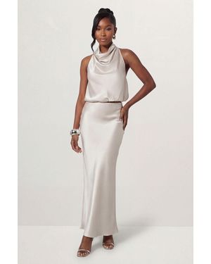 MissPap Premium Satin Bias Puddle Skirt Co-Ord - Natural