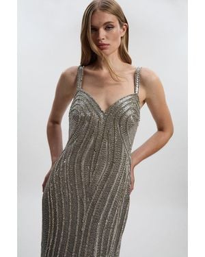 Karen Millen Petite Beaded Contour Sweet Heart Neckline Woven Maxi Dress - Metallic