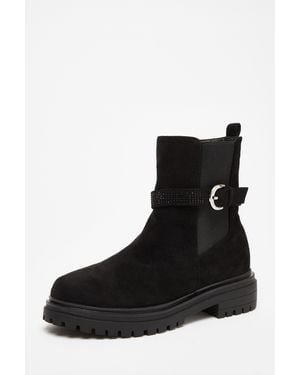 Quiz Diamante Chunky Buckle Boots - Black