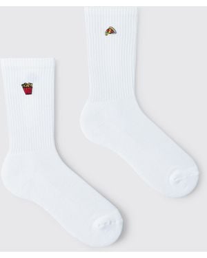 BoohooMAN 2 Pack Fast Food Embroidered Socks - White