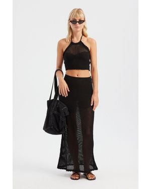 Hiccup 2 Pieces: Crochet Halter Neck Knitted Crop Top & High Waist Maxi Skirt - Black