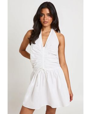Boohoo Cotton Poplin Halterneck Front Gathered Seam Skater Mini Dress - White