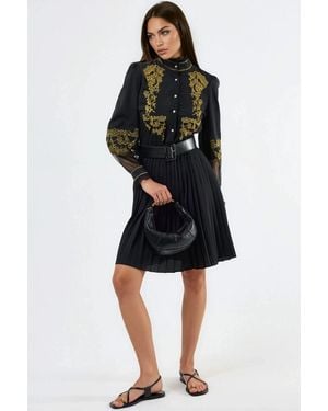 Msn-Collection Embroidered Mandarin Collar Mini Dress - Black