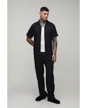 BoohooMAN Tall Regular Fit Irregular Pleat Short Sleeve Shirt And Relaxed Trouser Set - Blue