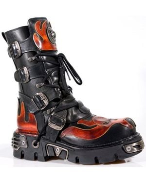 New Rock Flame Accented/ Leather Biker Skull Boots- 107-S1 - Black