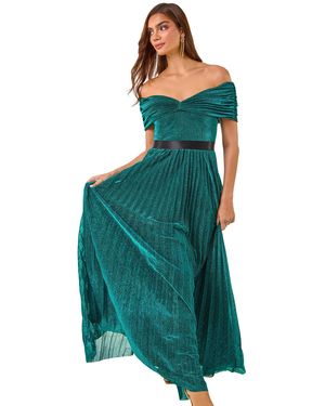 Ariella Bardot Pleated Fit & Flare Maxi Dress - Green